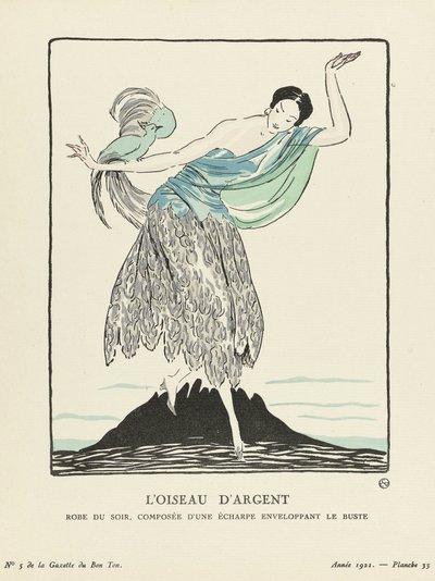 Silverfågeln. Aftonklänning, bestående av en halsduk som omsluter bysten från La Gazette du Bon Ton, pub. 1914 (stenciltryck) av French School