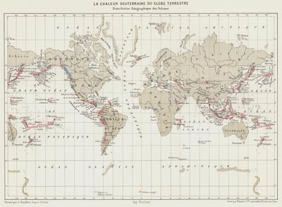 Jordens underjordiska värme, vulkanernas geografiska utbredning (färglitografi) av French School