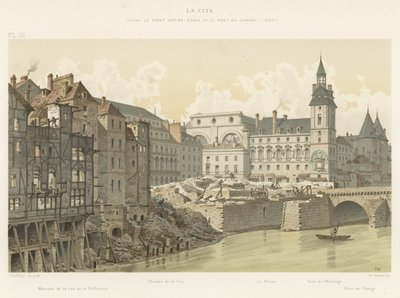 La Cite, mellan Pont Notre-Dame och Pont au Change, 1800 av French School