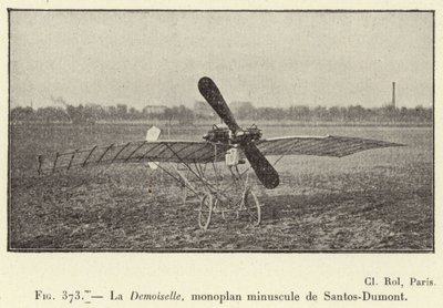 La Demoiselle, liten monoplan av Santos-Dumont (gravyr) av French School