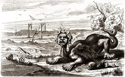 La Frond (1648-1653): ett monstruöst djur med ormhår, står över människolik och skelett av French School