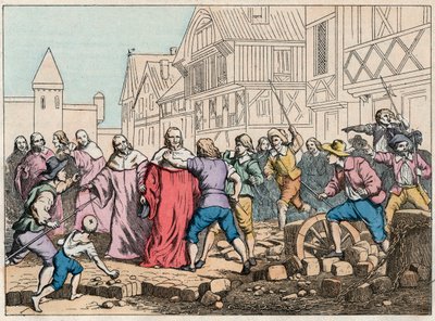 La Fronde (27 augusti 1648) - barrikader i Paris: en rotorpojke som hotar parlamentets president Mathieu Mole (1584-1656) - President Mole handlades av rebeller - Gravering av slutet av 1800-talet i "" Nos Gires Nationales - Bilder och reci av French School