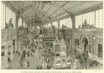 The Great Central Gallery, känt som Thirty Meter Gallery, vid Palais du Champ de Mars (gravyr) av French School