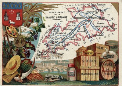 La Haute Garonne (Haute-Garonne, 31), Midi-Pyrénées (Midi Pyrenéerna), Frankrike. Lokal specialitet: bly, apelsinblommor, pasta, läder- och lädervaror, tobak, valnötsolja, tjära och tryffel. Serie om de franska departementen. Kromolitografi (Chromo) "" t av French School