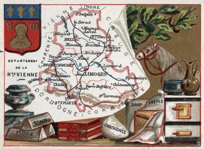 La Haute Vienne (Haute-Vienne, 87), Limousin, Frankrike. Plåt, bly, kastanjepapper, plåt, klöver och näsdukar. Serie om de franska departementen. Kromolitografi (Chromo) "" den geografiska tråden"", ca 1920. Privat samling. av French School