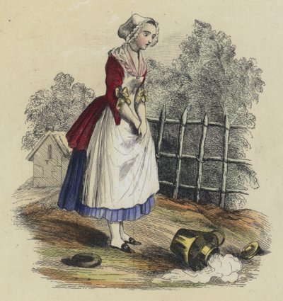 The Milkmaid And The Milk Jug (färgad gravyr) av French School