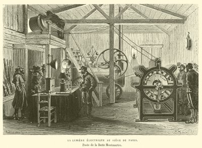 Det elektriska ljuset vid huvudkontoret i Paris, Poste de la Butte Montmartre (gravyr) av French School