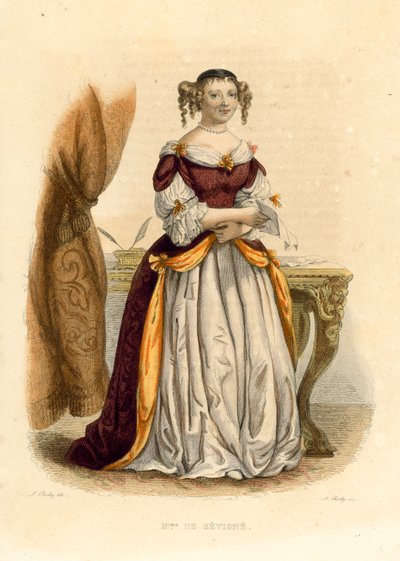 La Marquise de Sevigne (färgad gravyr) av French School