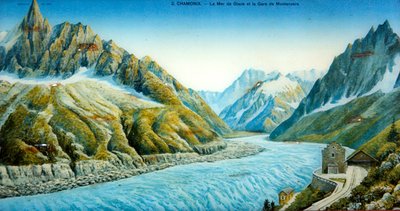 La Mer du Glace, Aiguille du Dru och Montanvers Station, ca 1900 (färgad bild) av French School