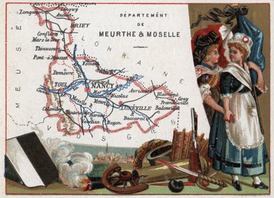 La Meurthe et Moselle (Meurthe-Et-Moselle, 54), Lorraine, Frankrike. Porträtt av två revolutionära kvinnor. Serie om de franska departementen. Kromolitografi (Chromo) "" den geografiska tråden"", ca 1920. Privat samling. av French School