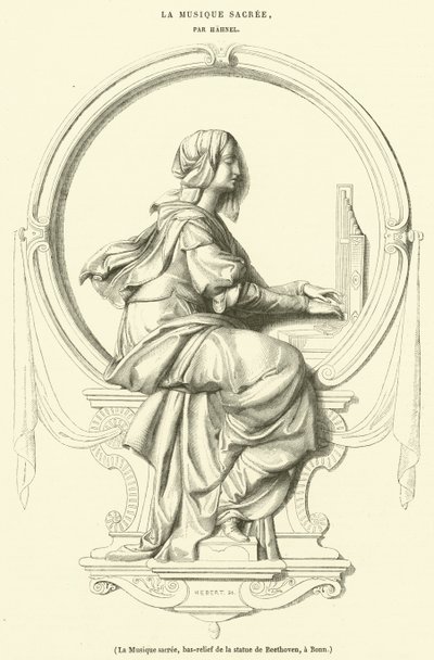 Den heliga musiken, basrelief av statyn av Beethoven, i Bonn (gravyr) av French School