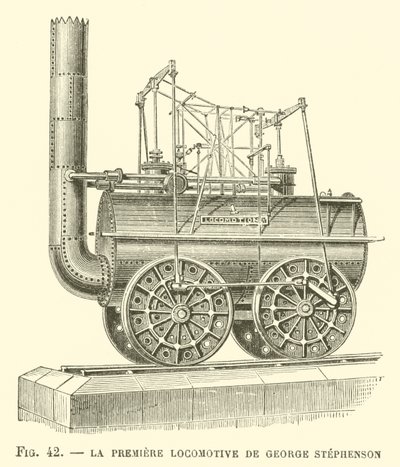La Premiere Locomotive av George Stephenson (gravyr) av French School