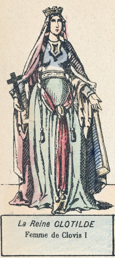 Drottning Clotilde, Hustru till Clovis I (färgad gravyr) av French School