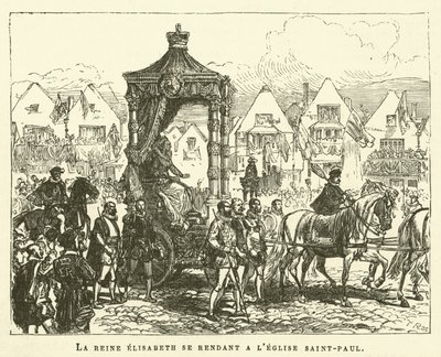Drottning Elisabeth på väg till St. Pauls kyrka (gravyr) av French School