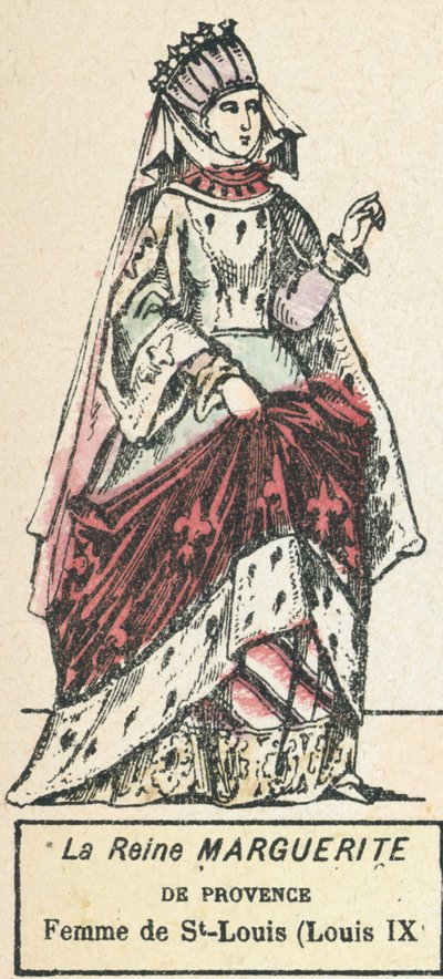 Drottning Marguerite av Provence, hustru till St-Louis (Louis IX) (färgad gravyr) av French School