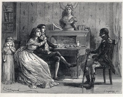 La Terreur under den franska revolutionen: Camille Desmoulins (1760-1794), fängslad, fick besök av sin fru Lucile (1770-1794) och marekan Guillaume Brune (1763-1815) av French School