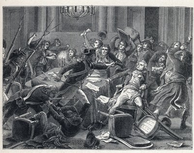 La Terreur under den franska revolutionen: arrestering av Maximilian de Robespierre (1758-1794) och hans anhängare återförenades på Hotel de Ville de Paris den 9 Thermidor år II (27 juli 1794). I mitten avfyrade en gendarm en pistol mot Robespierre (1758-1 av French School