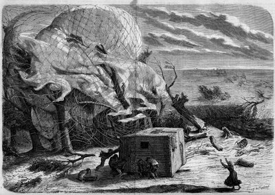 Ballongens fall ""Le Geant"" på Hannovers slätter 1863 med ombord: Jules och Louis Godard, Felix Nadar, hans fru, Fernand Montgolfier och Thirion. Aeronauterna försöker rädda Nadar, fångad under korgen. Gravyr i ""The World Illus av French School