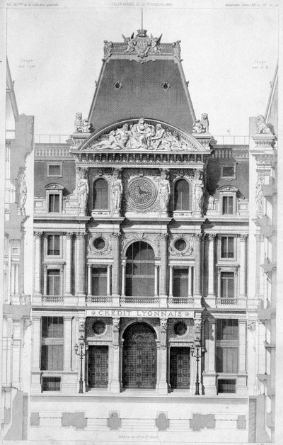 Fasaden på Crédit Lyonnais, bd des Italians - gravyr, 1900-tal av French School