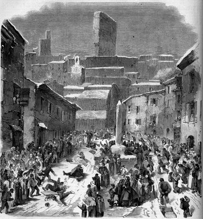 Rutschkanan i barriots (sledding) i Bourdeaux, Drome (26), vintern 1860. Gravyr i "" Le Monde Illustré"" nr 149 av 18 februari 1860. av French School