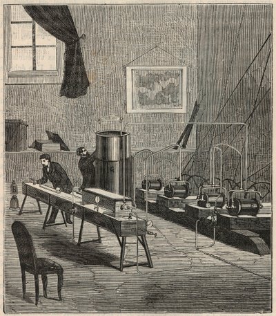 La liquefaction des gaz dans le laboratoire de Raoul Pictet (1878) - Raoul Pierre Pictet (1846-1929) schweizisk fysiker, genomför ett experiment för att kondensera och stelna vätgas, och studerade egenskaper hos ämnen vid låga temperaturer - Gravyr i "Scie av French School