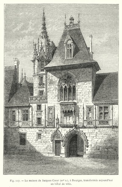 Jacques Coeurs hus, 1400-talet, i Bourges, idag förvandlat till ett rådhus (gravyr) av French School