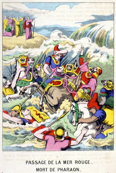 Faraos död vid korsningen av Röda havet - i "" Life of Moses "", red. Olivier Pinot, Epinal, sent 1800-tal av French School