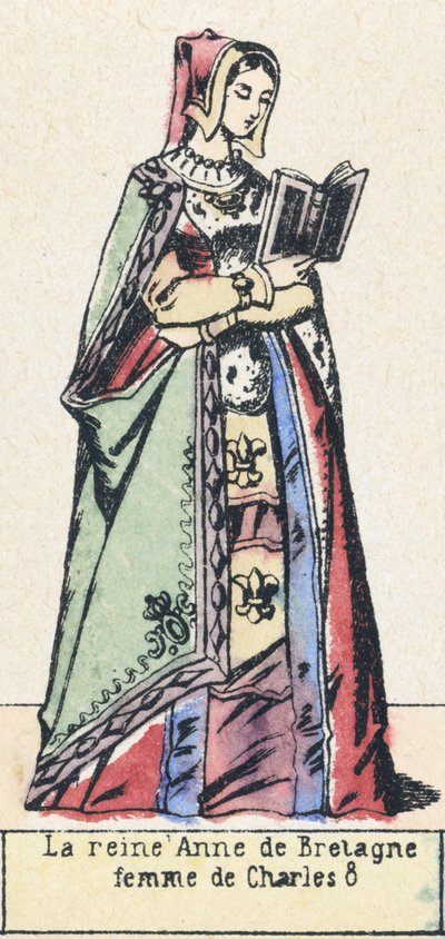Drottning Anne av Bretagne, fru till Charles 8 (färgad gravyr) av French School