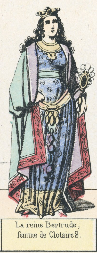 Drottning Bertrude, hustru till Clotaire 2 (färgad gravyr) av French School