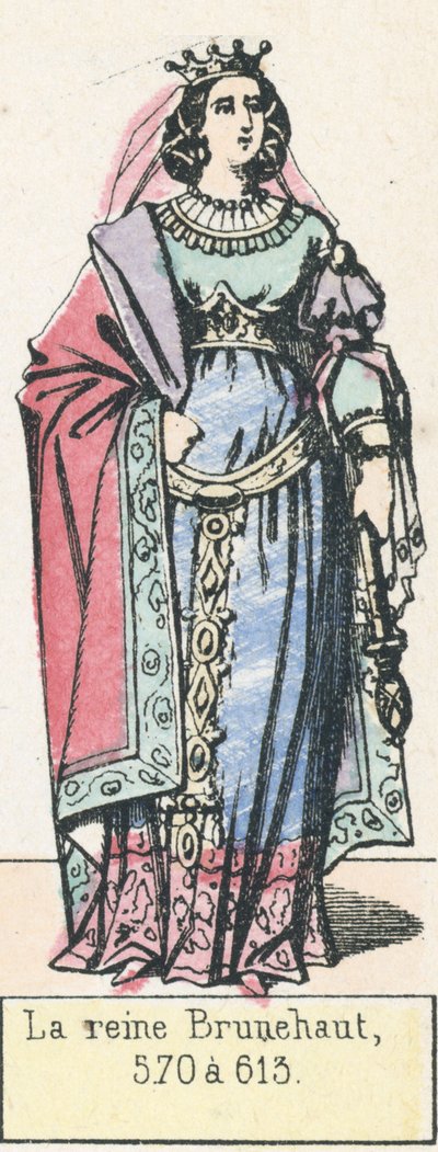 Drottning Brunhild, 570 till 613 (färgad gravyr) av French School