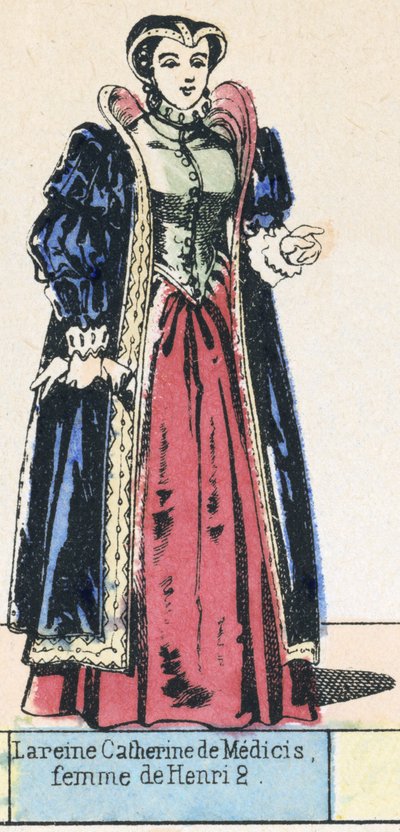 Drottning Catherine de Medici, fru till Henry 2 (färgad gravyr) av French School