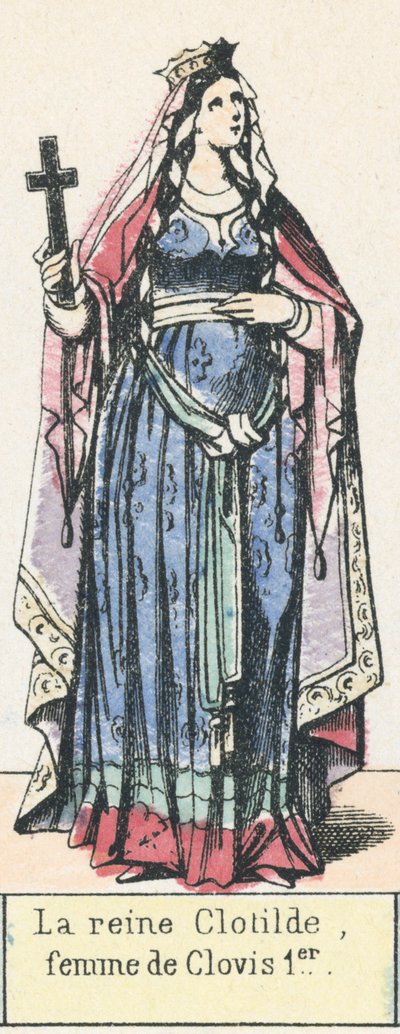 Drottning Clotilde, hustru till Clovis I (färgad gravyr) av French School