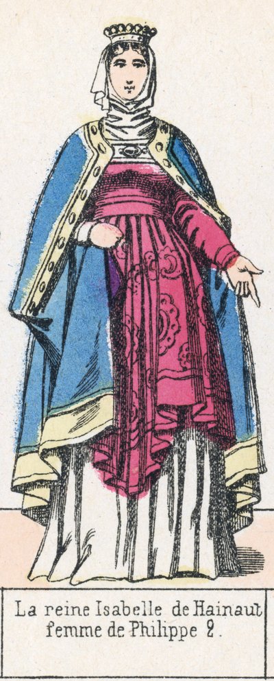 Drottning Isabelle av Hainaut, fru till Philippe 2 (färgad gravyr) av French School