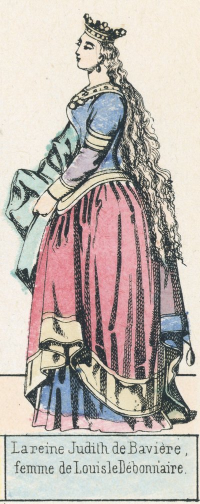 Drottning Judith av Bayern, fru till Louis le Debonnaire (färgad gravyr) av French School