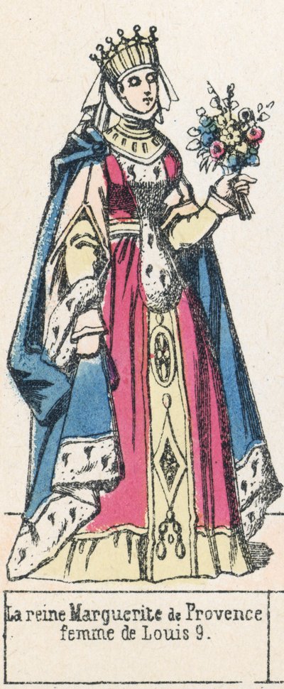 Drottning Marguerite av Provence, fru till Ludvig 9 (färgad gravyr) av French School