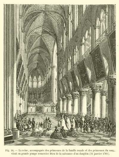 Drottningen, tillsammans med prinsessorna av den kungliga familjen och prinsessorna av blodet, kommer med stor pompa för att tacka Gud för födelsen av en Dauphin, 21 januari 1782 av French School