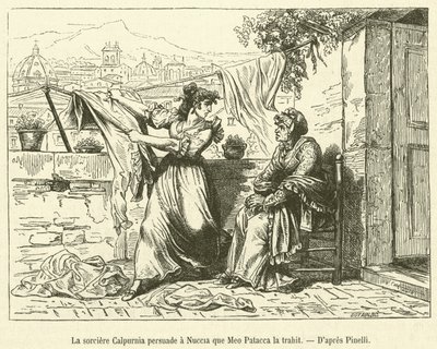 Häxan Calpurnia övertalar Nuccia att Meo Patacca förråder henne (gravyr) av French School