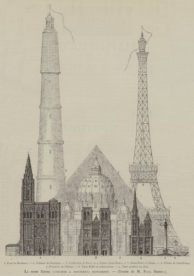 La tour Eiffel jämförd med olika monument (gravyr) av French School