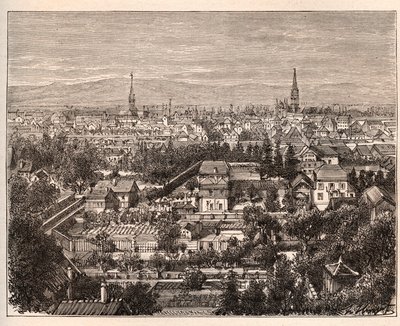 Staden Mulhouse (Haut-Rhin) - gravyr i "La France illustrée: geografi, historia, statistisk administration" av V.A. Malt-Brown. 1884 av French School