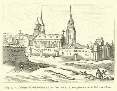 Abbey of Saint-Germain des Pres, 1545, utsikt från Grand Pre aux Clercs av French School