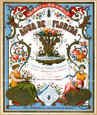 Etikettreklam Aqua de Florida-parfym från parfymbutiken La Reine des Abeilles, Paris, 1800-talets andra hälft av French School