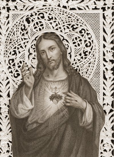 Spetskort som visar The Sacred Heart of Jesus, 1800-talet (bw litho) av French School