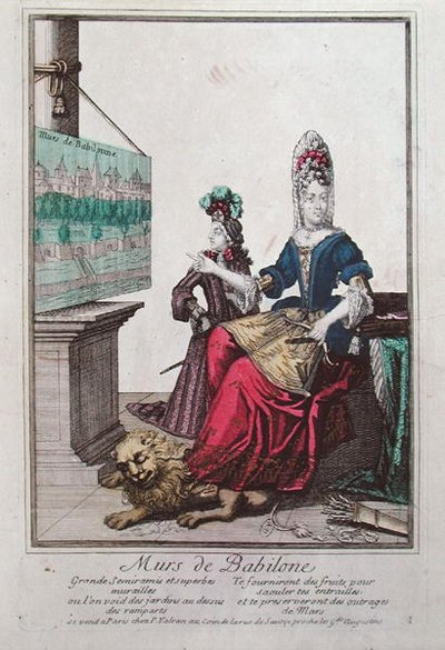 Dam som visar en bild av Semiramis och Babylons hängande trädgårdar (färg litho) av French School