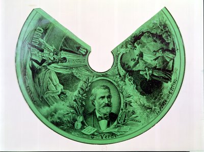 Lampskärm dekorerad med ett porträtt av Giuseppe Verdi (1813-1901) och scener från Othello och Ödets kraft (gravyr på papper) av French School
