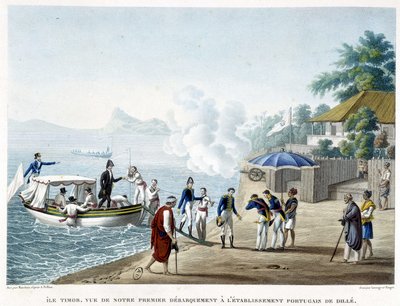 Landning vid den portugisiska bosättningen Dilé, ön Timor. av French School