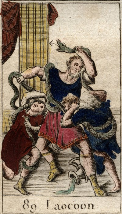 Laocoon Minerve som stöder grekerna skickar havsormarna för att attackera Laocoon som varnar invånarna i staden Troja för hästen. Ormar kastade sig över hans två söner och flyttade dem och attackerade sedan Laokoon. (Minerva som stöder grekerna skickade av French School