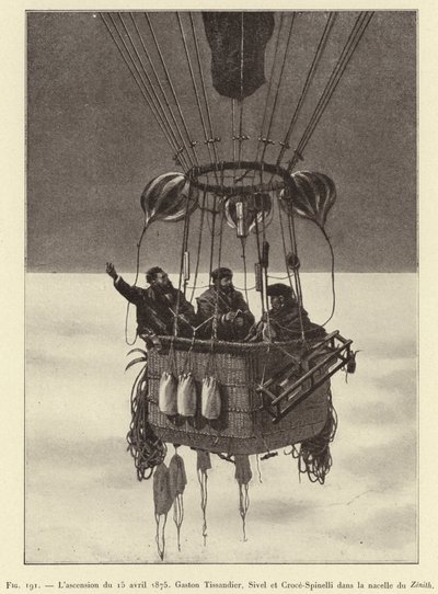 Uppstigningen den 15 april 1875, Gaston Tissandier, Sivel och Croce-Spinelli i Zenith-korgen (gravyr) av French School