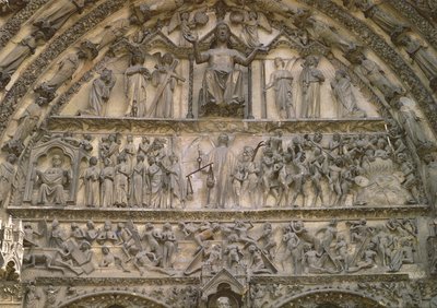 Sista domen, tympanum i den centrala portalen av västra fasaden, 1200-talet av French School