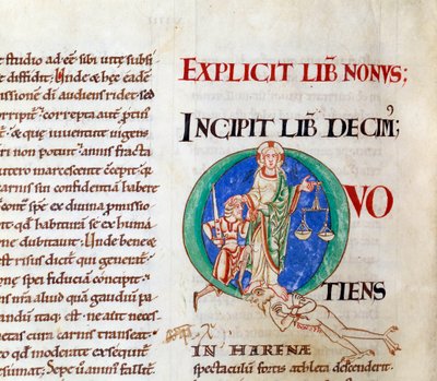 Sista domen Kristus välkomnande jobb bokstaven "Q" (lettrine). Miniatyr från manuskriptet "Moralia in Job", från klostret i Citeaux av French School