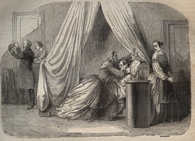 Sista ögonblicken av Charles Lafarge (1811-1840), make till Marie Fortunee Capelle, Marie Lafarge (Madame) (1816-1852) fransk brottsling - Gravyr i "Causes celebres de tous les peuple" av Armand Fouquier (1817-18?) 1858 -1867 - privat samling av French School